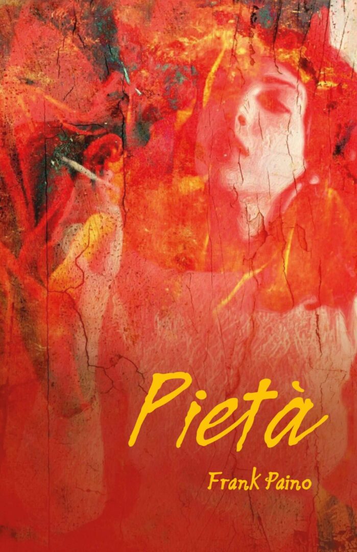 A red painting with the word pieta written in yellow.